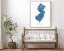 New Jersey state map print with wooden bench home decor by Maps As Art.