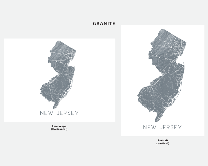 New Jersey state map print in Granite by Maps As Art.
