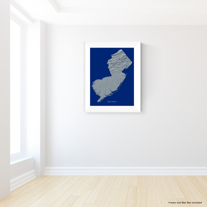 New Jersey state map print with natural landscape in greyscale and a navy blue background designed by Maps As Art.