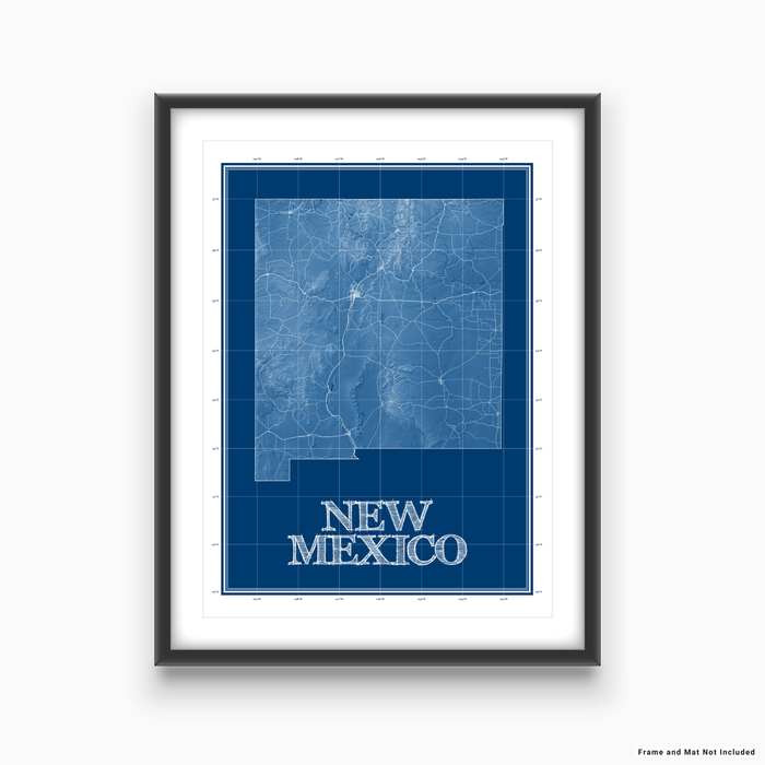 New Mexico state blueprint map art print designed by Maps As Art.