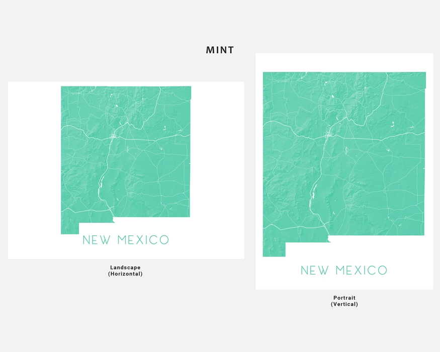 New Mexico state map print with a 3D topographic landscape design by Maps As Art.