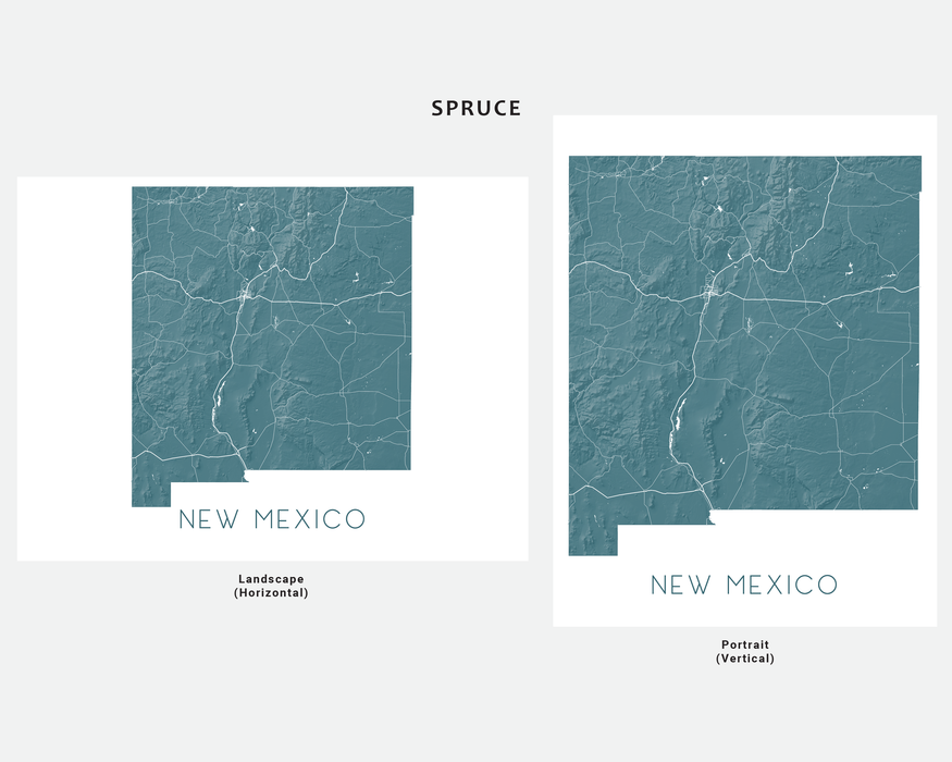 New Mexico state map print with a 3D topographic landscape design by Maps As Art.