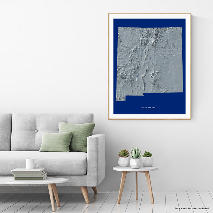 New Mexico state map print with natural landscape in greyscale and a navy blue background designed by Maps As Art.