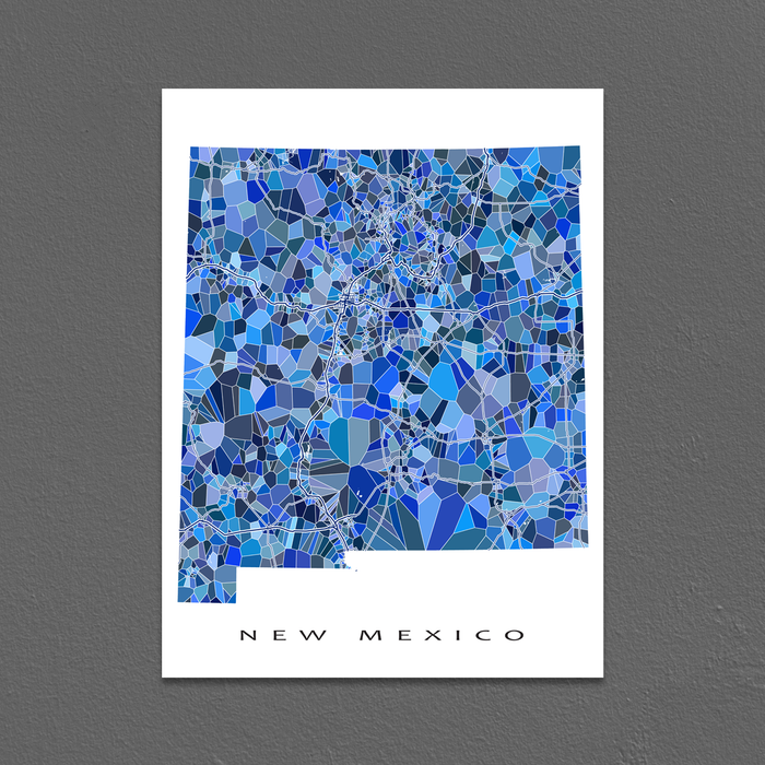 New Mexico state map art print in blue shapes designed by Maps As Art.