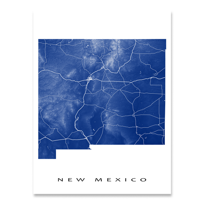 New Mexico state map print with natural landscape and main roads in Navy designed by Maps As Art.