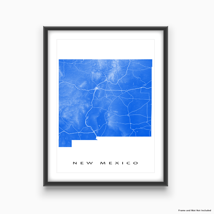 New Mexico state map print with natural landscape and main roads in Blue designed by Maps As Art.