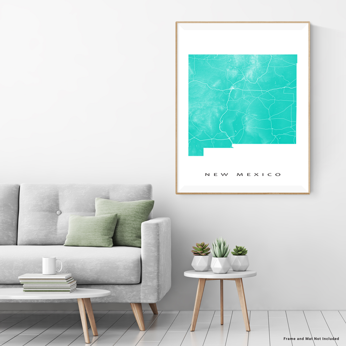New Mexico state map print with natural landscape and main roads in Turquoise designed by Maps As Art.