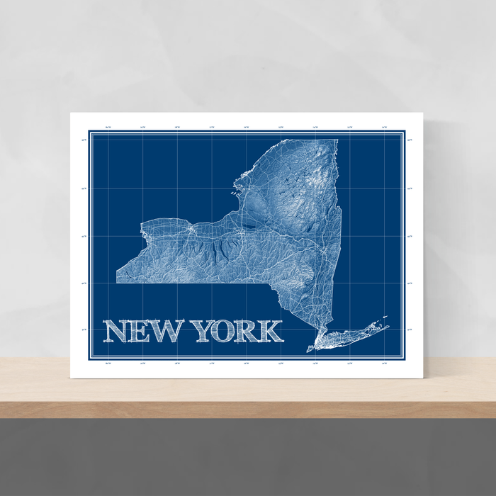 New York state blueprint map art print designed by Maps As Art.