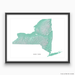 New York state map print with natural landscape in aqua tints designed by Maps As Art.