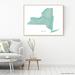 New York state map print with natural landscape in aqua tints designed by Maps As Art.