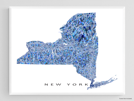 New York state map art print in blue shapes designed by Maps As Art.
