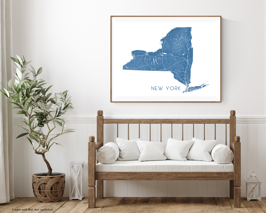 New York state map print with wooden bench home decor by Maps As Art.