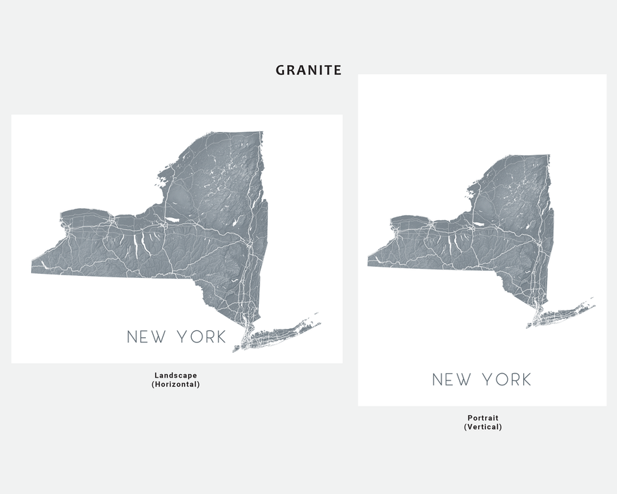 New York state map print in Granite by Maps As Art.