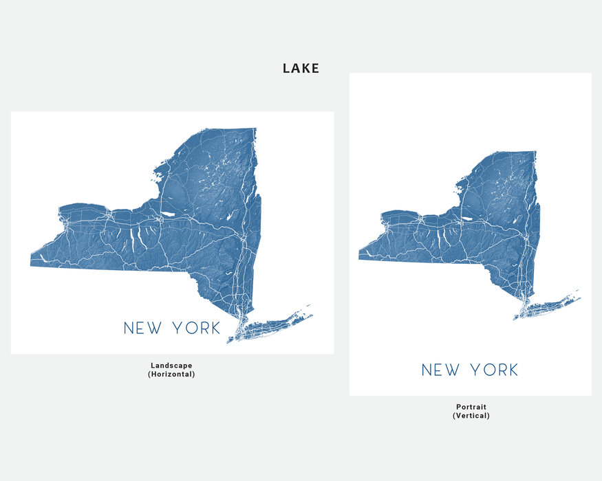 New York state map print in Lake by Maps As Art.