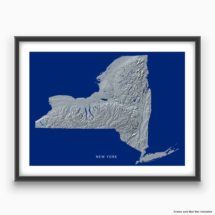 New York state map print with natural landscape in greyscale and a navy blue background designed by Maps As Art.