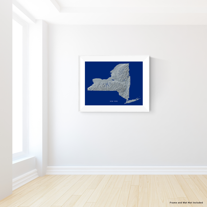 New York state map print with natural landscape in greyscale and a navy blue background designed by Maps As Art.
