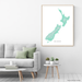 New Zealand map print with natural landscape in aqua tints designed by Maps As Art.