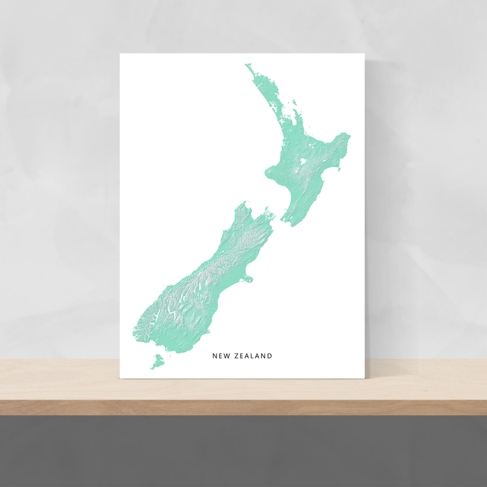 New Zealand map print with natural landscape in aqua tints designed by Maps As Art.