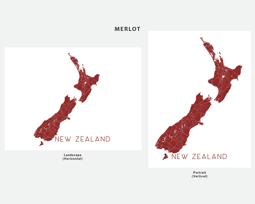 New Zealand map print in Merlot by Maps As Art.