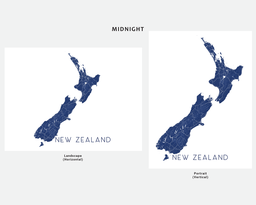 New Zealand map print in Midnight by Maps As Art.