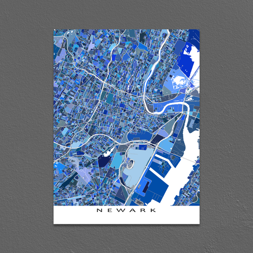 Newark, New Jersey map art print in blue shapes designed by Maps As Art.