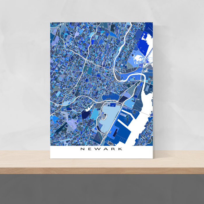 Newark, New Jersey map art print in blue shapes designed by Maps As Art.