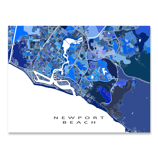 Newport Beach, California map art print in blue shapes designed by Maps As Art.