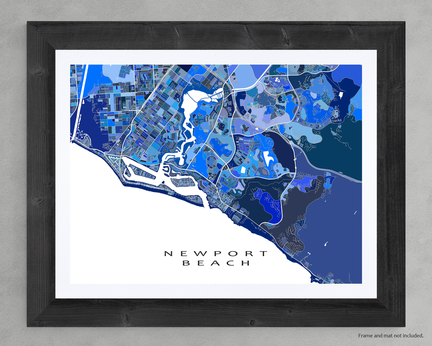 Newport Beach, California map art print in blue shapes designed by Maps As Art.