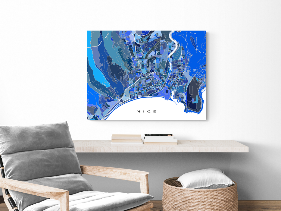 Nice France map print with a blue geometric design by Maps As Art.