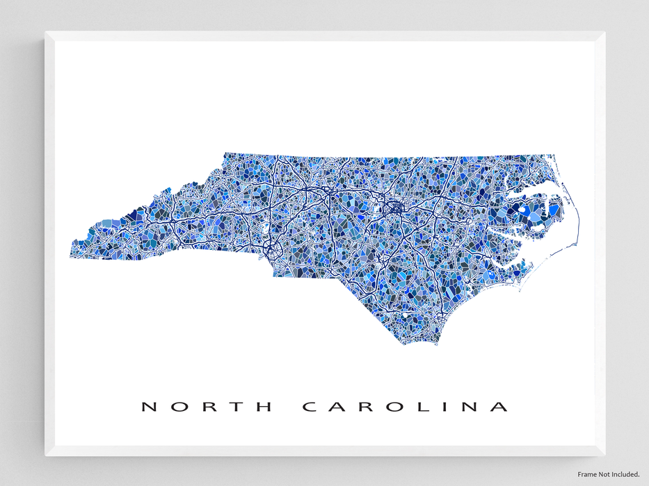 North Carolina state map art print in blue shapes designed by Maps As Art.