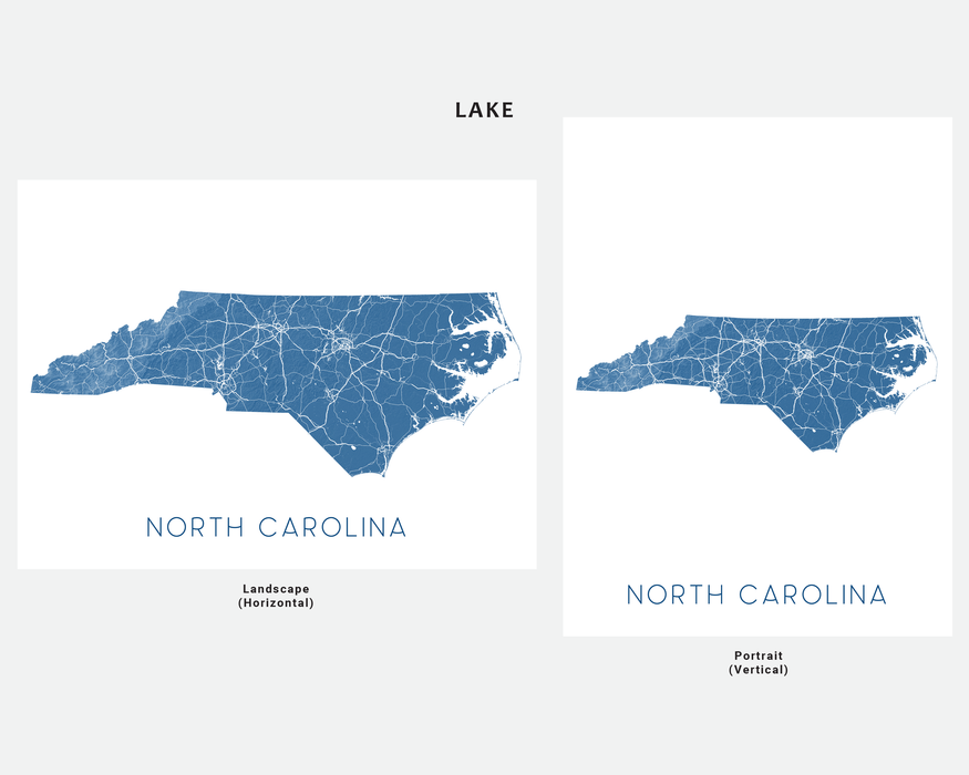 North Carolina state map print in Lake by Maps As Art.