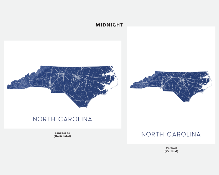 North Carolina state map print in Midnight by Maps As Art.