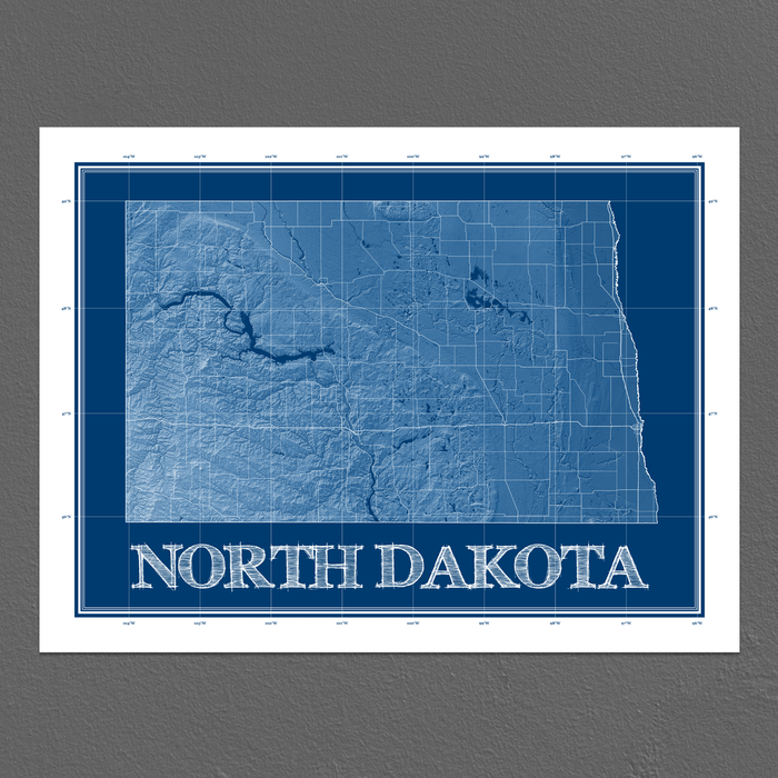 North Dakota state blueprint map art print designed by Maps As Art.
