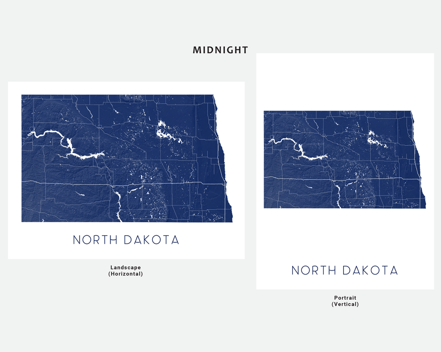 North Dakota state map print with a 3D topographic landscape design by Maps As Art.