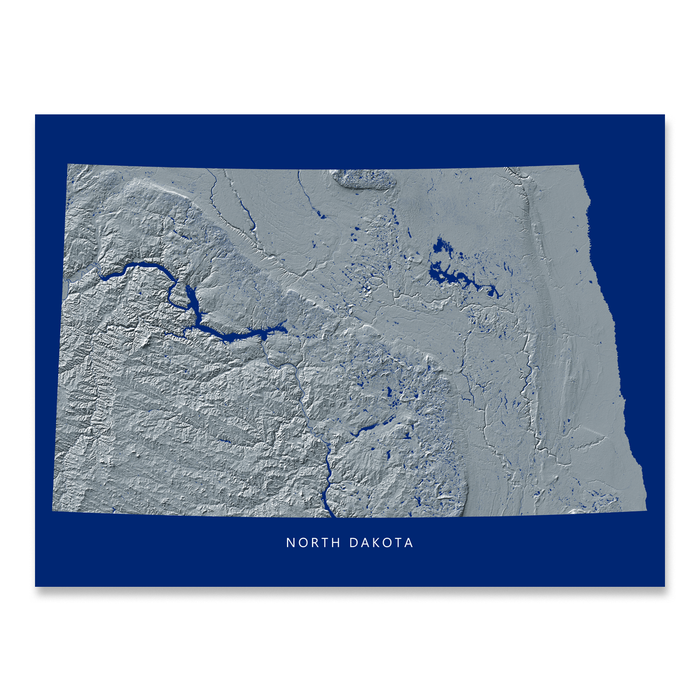 North Dakota state map print with natural landscape in greyscale and a navy blue background designed by Maps As Art.