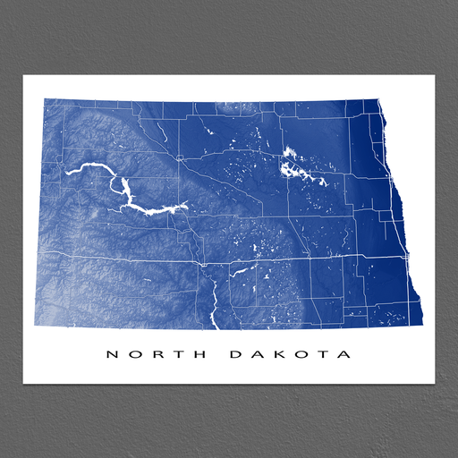 North Dakota state map print with natural landscape and main roads in Navy designed by Maps As Art.