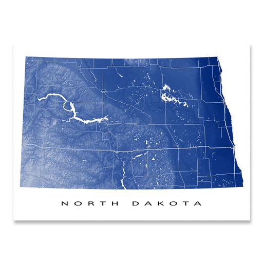 North Dakota state map print with natural landscape and main roads in Navy designed by Maps As Art.