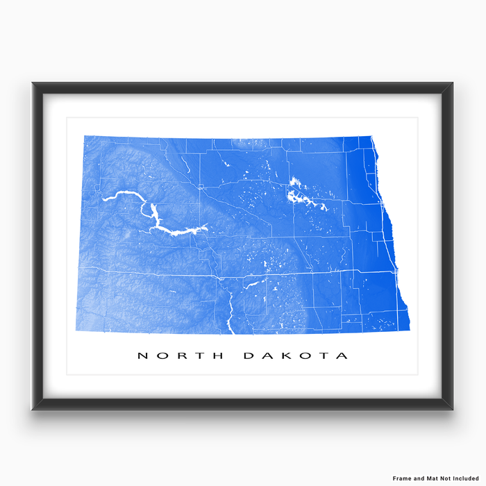 North Dakota state map print with natural landscape and main roads in Blue designed by Maps As Art.