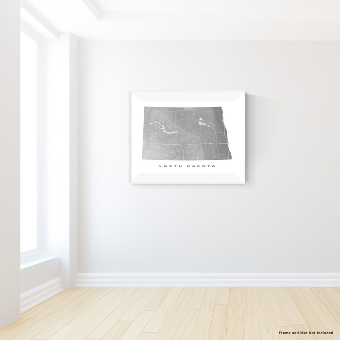 North Dakota state map print with natural landscape and main roads in Grey designed by Maps As Art.