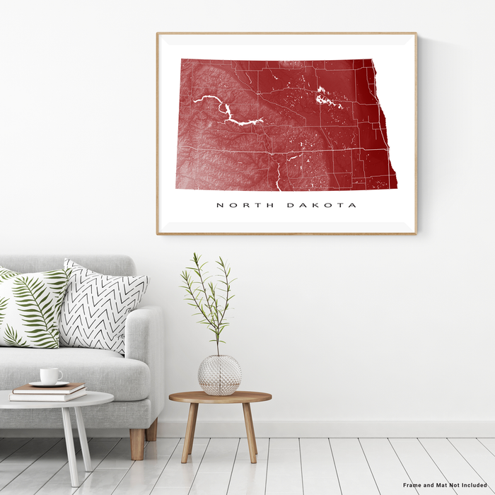 North Dakota state map print with natural landscape and main roads in Merlot designed by Maps As Art.