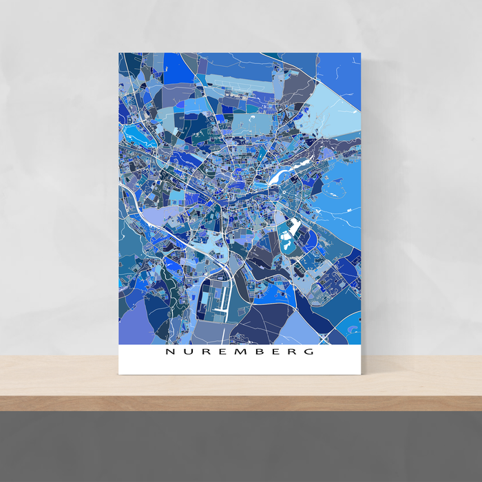 Nuremberg, Germany map art print in blue shapes designed by Maps As Art.