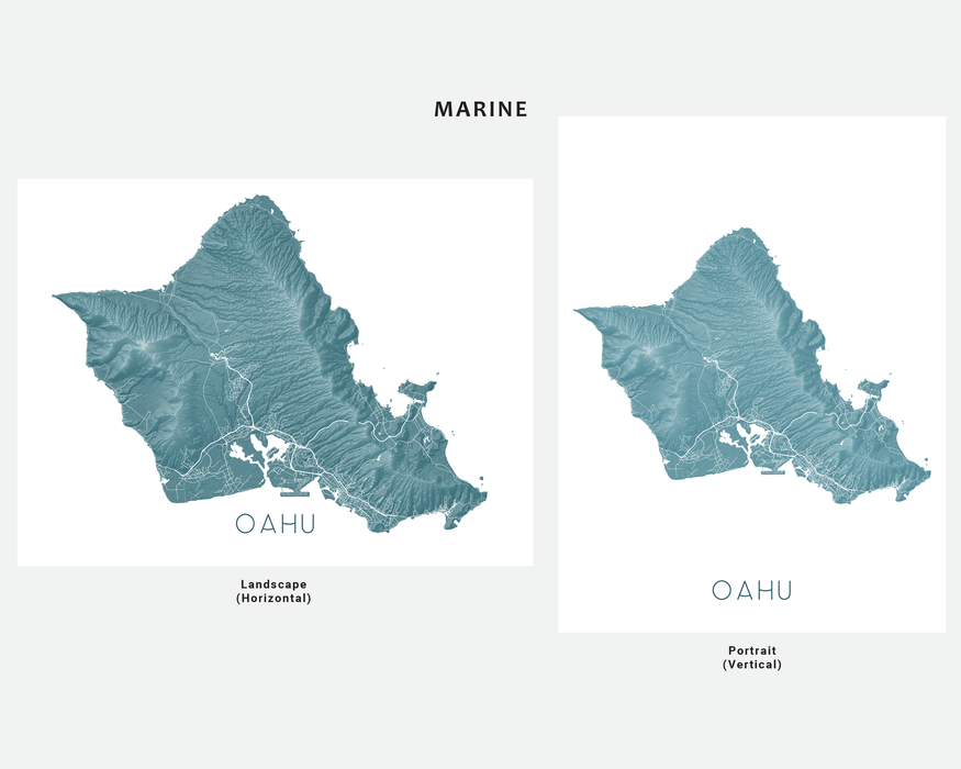 Oahu Hawaii map print with island roads and a topographic landscape design by Maps As Art.