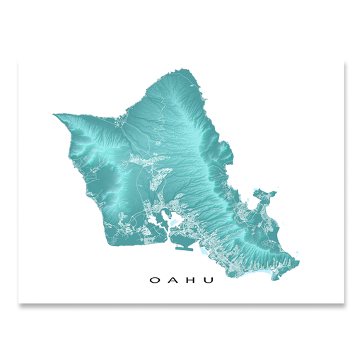 Oahu, Hawaii island map print with natural landscape in aqua tints designed by Maps As Art.