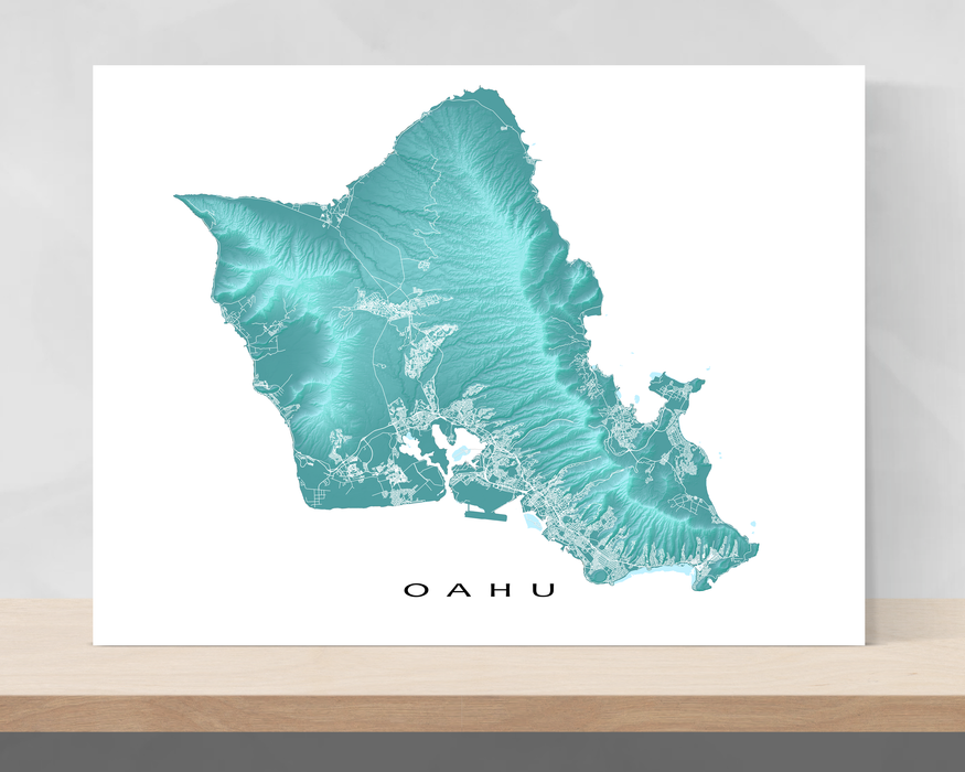 Oahu, Hawaii island map print with natural landscape in aqua tints designed by Maps As Art.