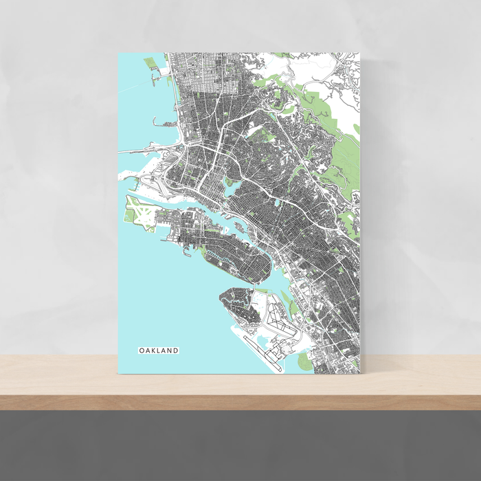 Oakland, California map art print with city streets and buildings designed by Maps As Art.