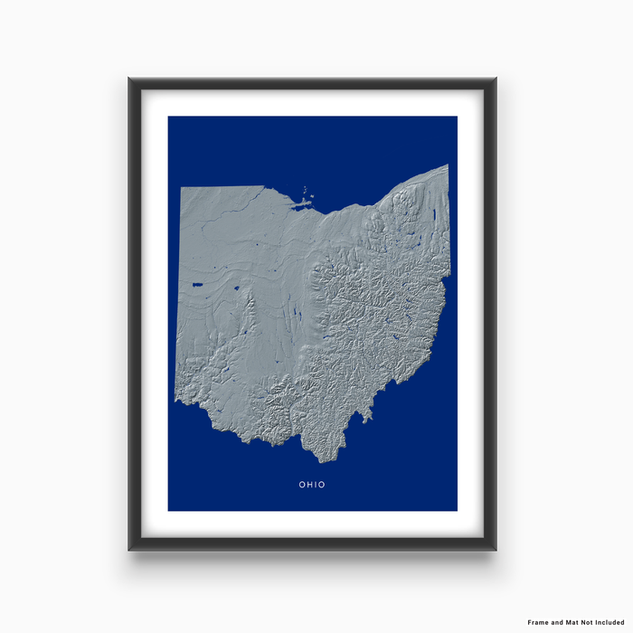 Ohio state map print with natural landscape in greyscale and a navy blue background designed by Maps As Art.
