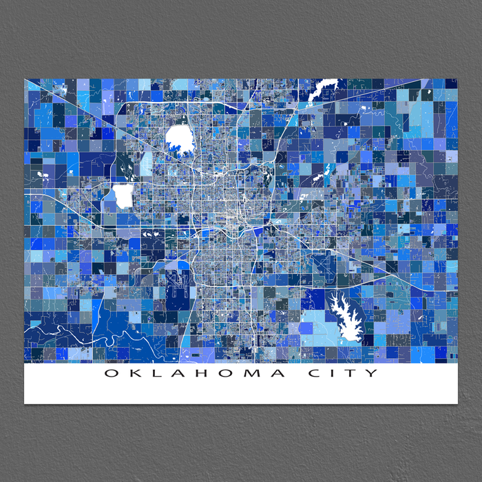 Oklahoma City map art print in blue shapes designed by Maps As Art.