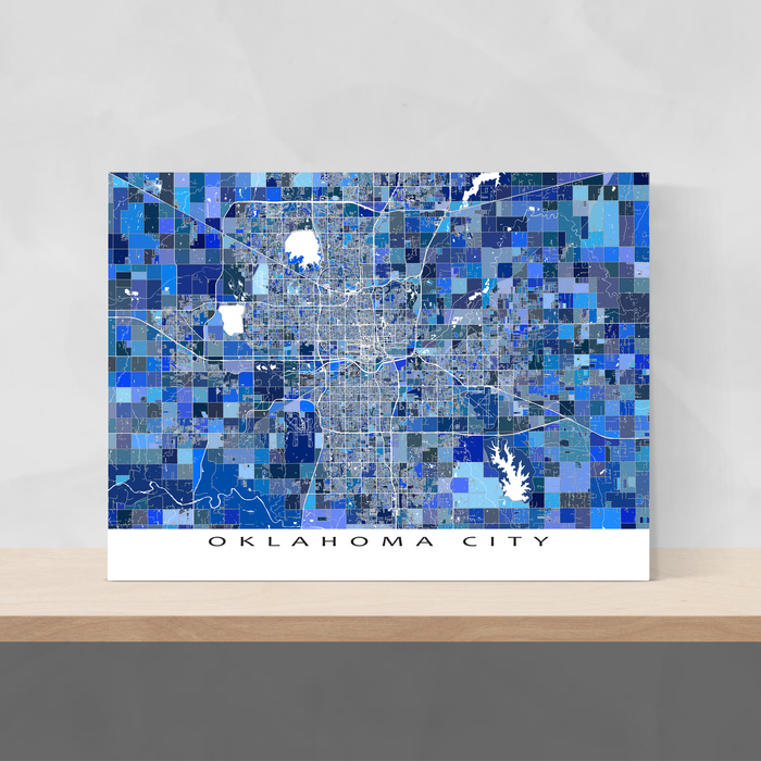 Oklahoma City map art print in blue shapes designed by Maps As Art.