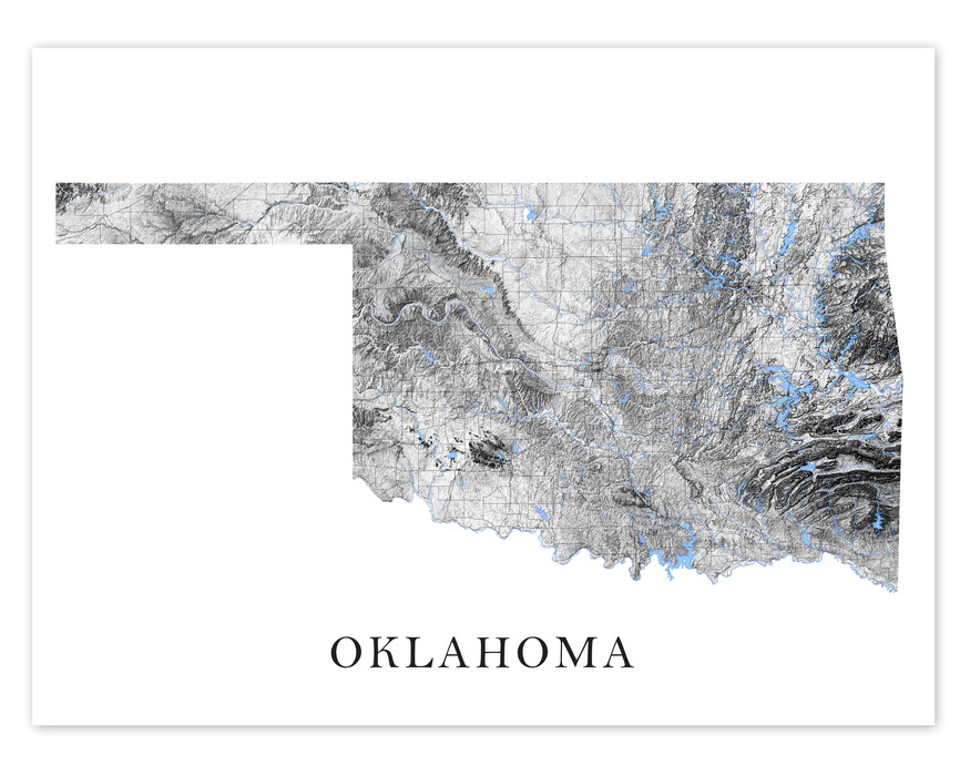 Oklahoma state map print with a black and white topographic landscape design by Maps As Art.