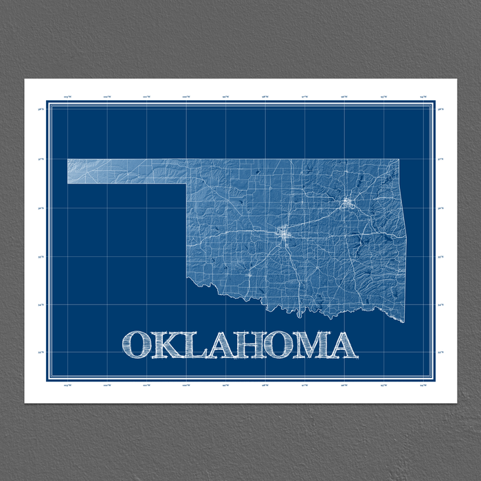 Oklahoma state blueprint map art print designed by Maps As Art.
